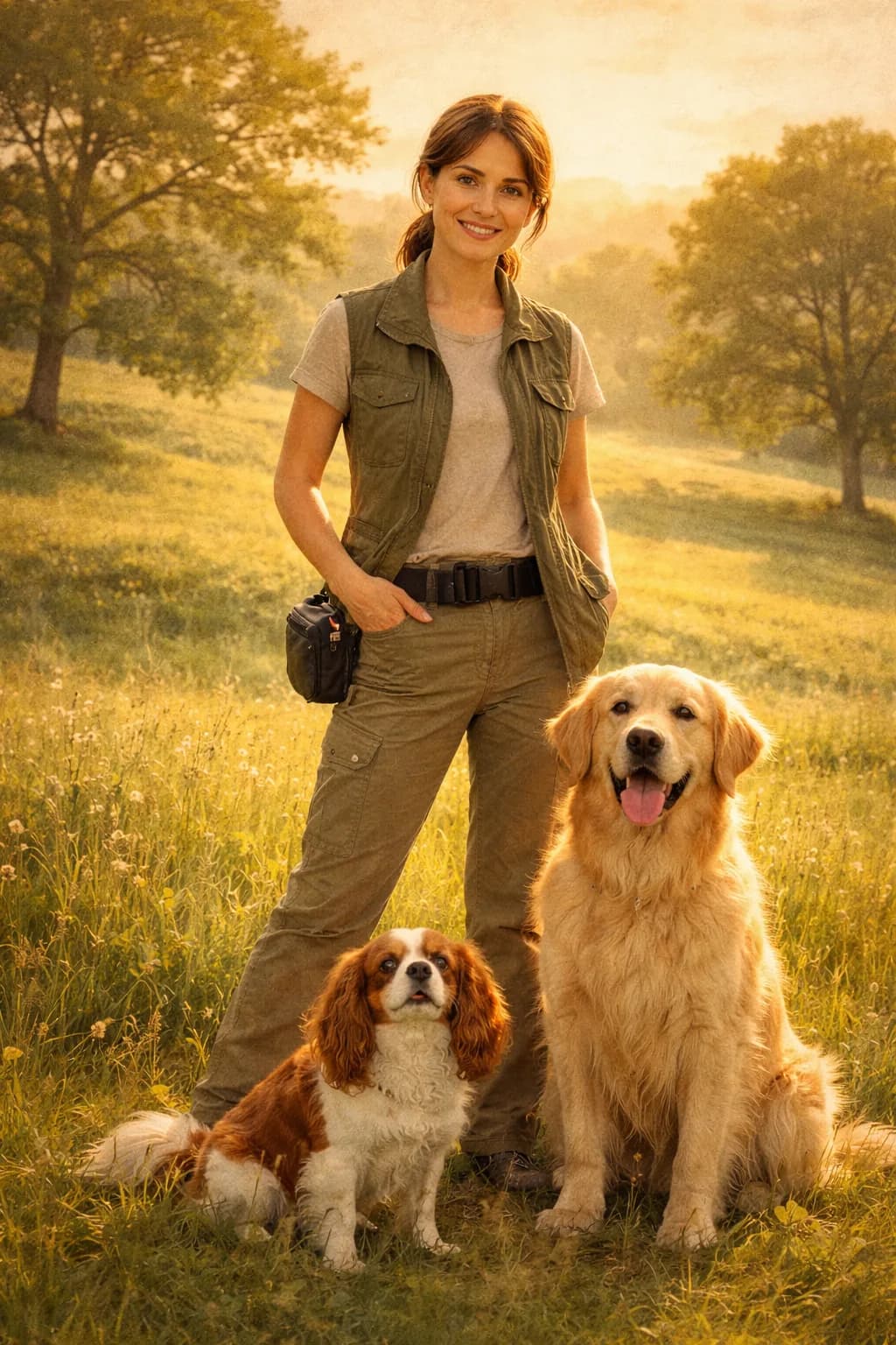 Éducatrice canine épanouie avec un Golden Retriever et un Cavalier King Charles