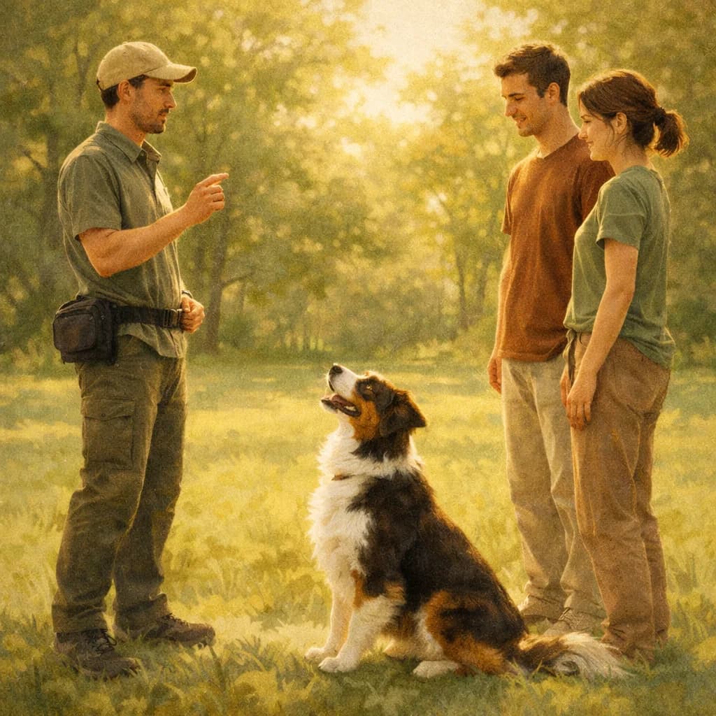 Séance d'éducation canine en plein air avec un éducateur professionnel