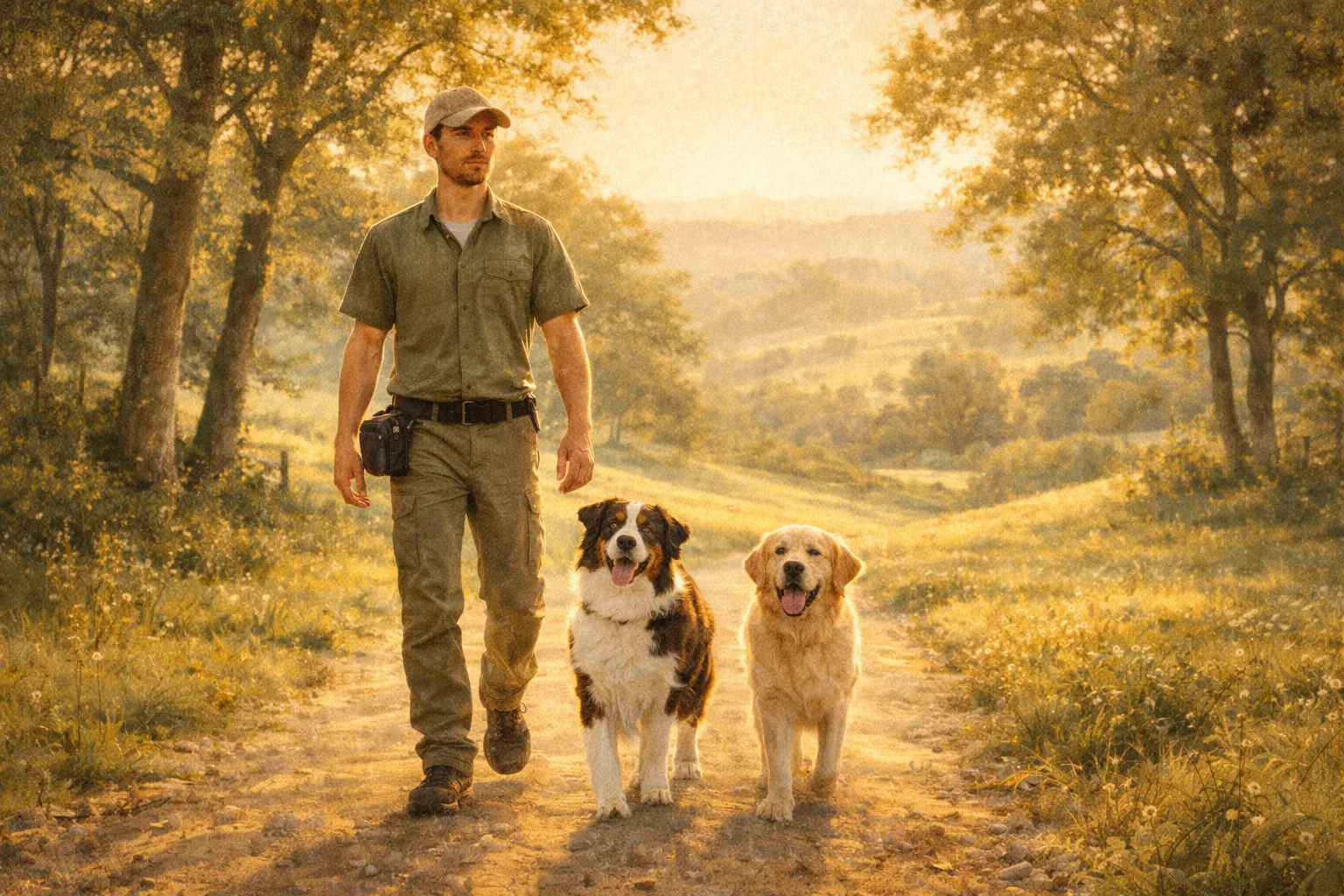 Éducateur canin marchant avec un Berger Australien et un Labrador dans un chemin boisé