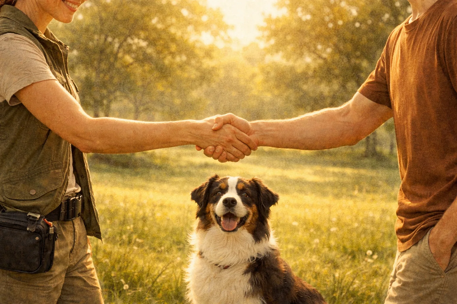 Poignée de main entre un éducateur canin et un propriétaire, Berger Australien assis entre eux