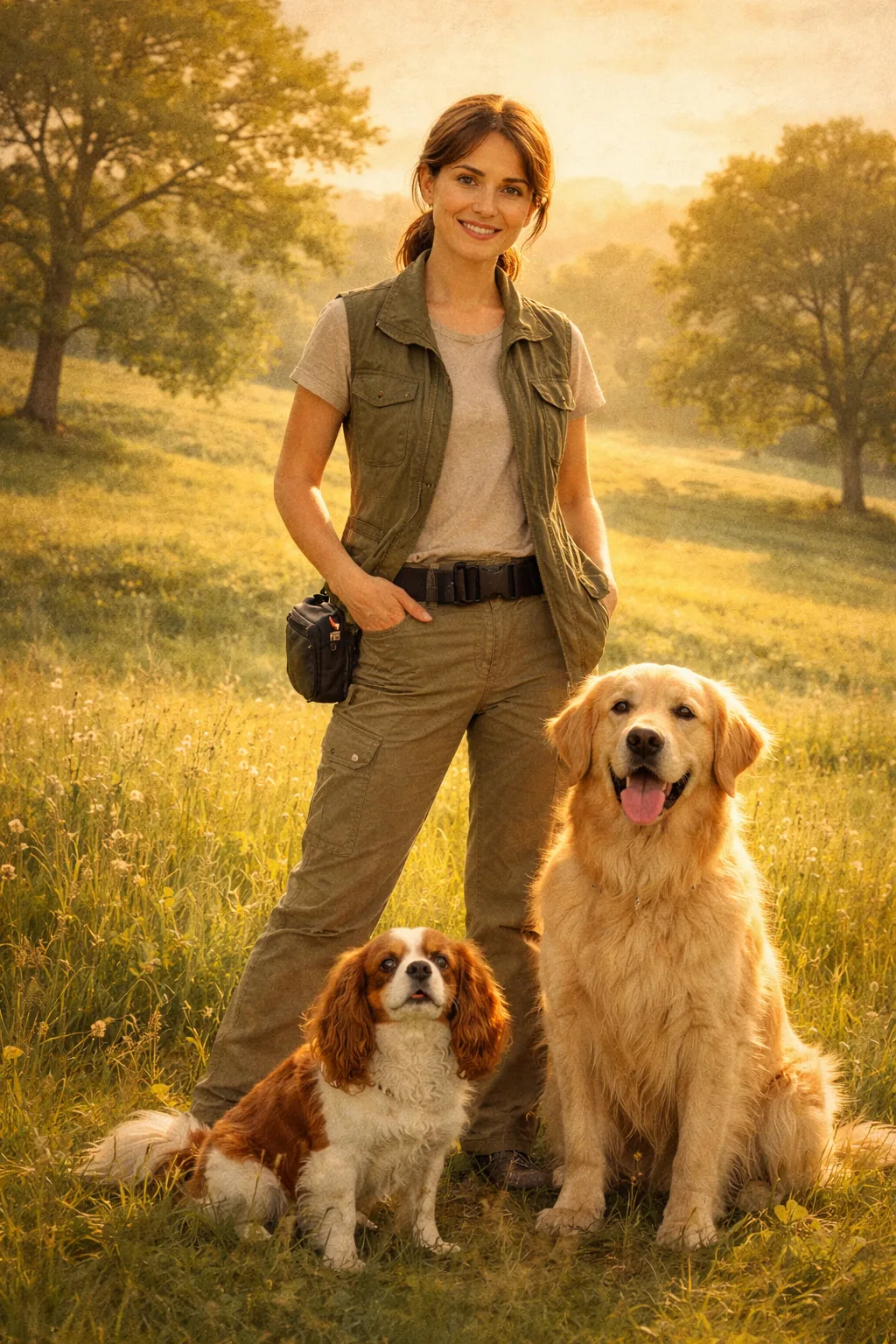 Éducatrice canine épanouie avec un Golden Retriever et un Cavalier King Charles