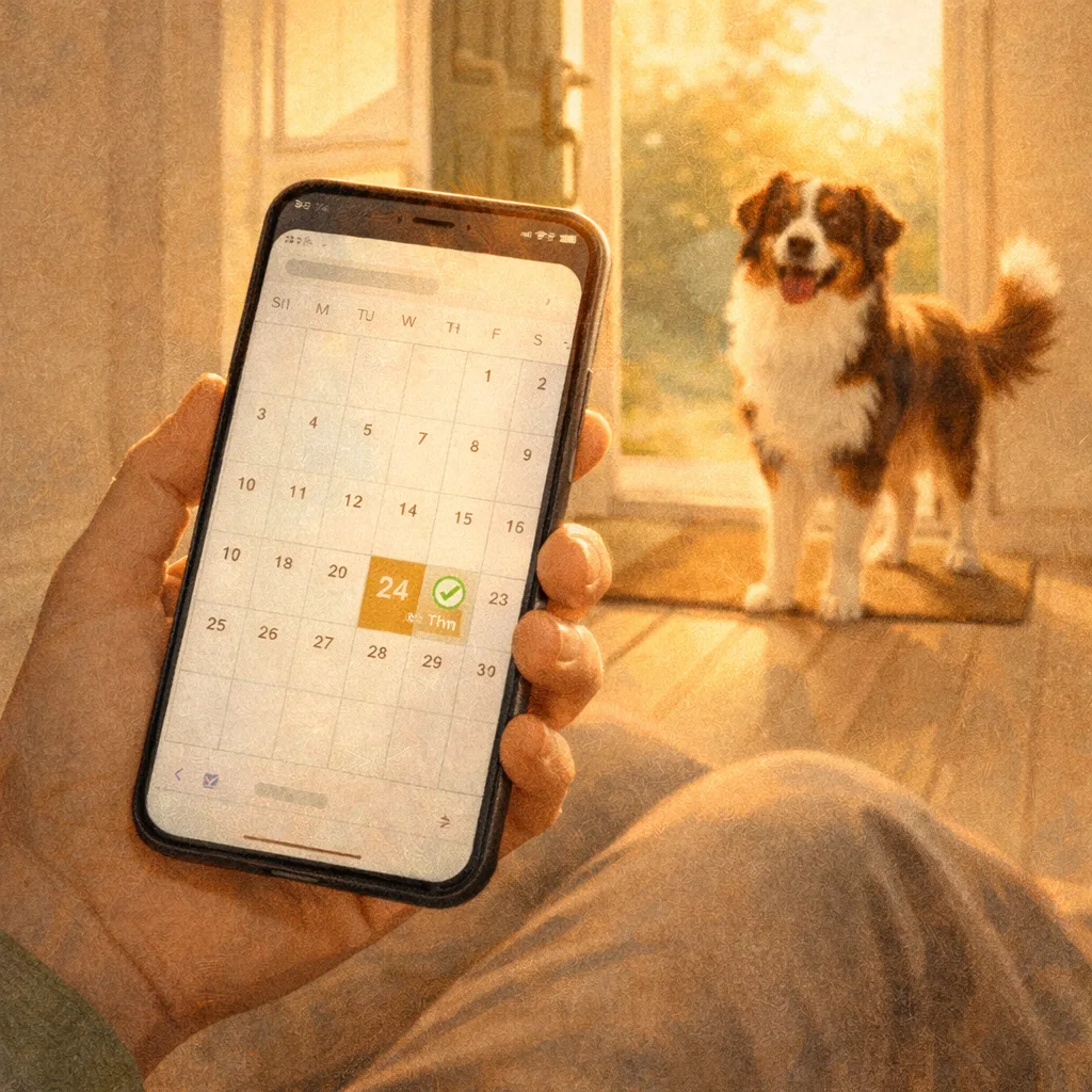 Calendrier de réservation sur téléphone, chien attendant près de la porte