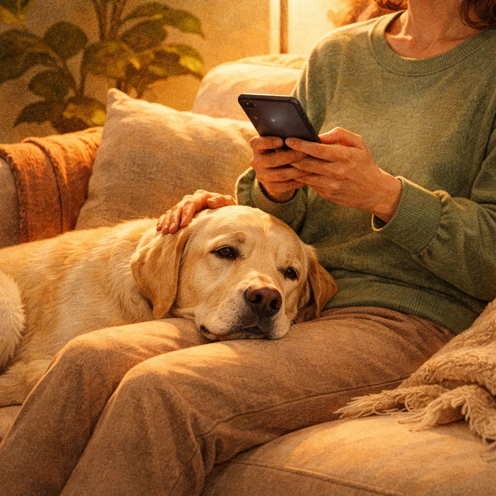 Propriétaire recherchant un éducateur sur son téléphone, Labrador sur les genoux